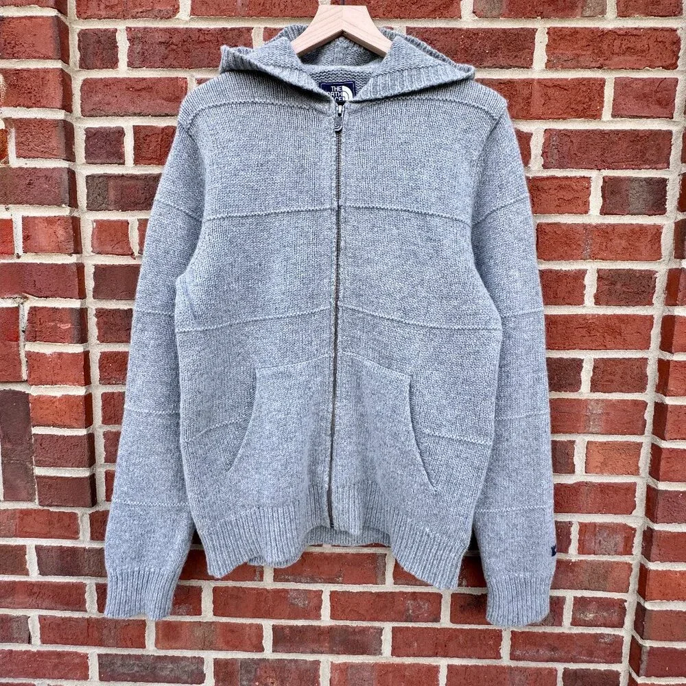 The North Face Full-zip Hooded Wool Sweater Jacket Mens Med Light Gray Pockets